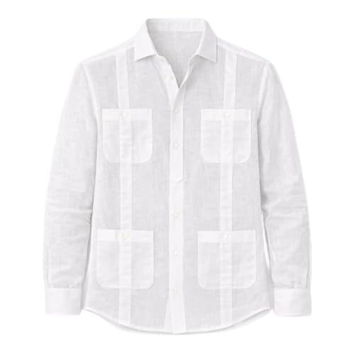 Blue coast yachting Camisa Guayabera de Lino para Hombre, Manga Larga con 4 Bolsillos y Alforzas, Estilo Cubano Casual para Playa, Verano y Bodas, Transpirable y Ligera