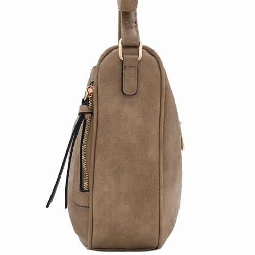 Image of Faux Leather Two Front Zipper Pocket Crossbody Saddle Bag (LightTaupe)