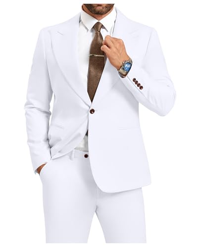 Men Suits Slim Fit 2 Piece White Dress Suit Blazer Solid Jacket Pant Set Business Suit Wedding Groom Prom Tuxedo S