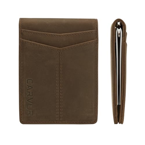 CARVUR Slim Bifold RFID Blocking Full Grain Genuine Leather Front Pocket Minimalist Thin Wallet with Money Clip for Men - (SB20)