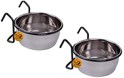 Rustproof Stainless Steel Cage Food, Seed, Water Feeder Cum Bowl with Holder clamp for Birds (250ml) (Set of 2)