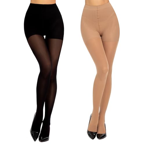 MANZI Damen Kompressionsstrumpfhose 10-15mm/Hg Shape Strumpfhosen Blickdichte mit Bauchweg und Po-Lifting Figurformende Stützstrumpfhose 50 DEN 2 Paar Natur und Schwarz L