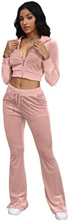 Women's Velour Sweatsuits Outfits zip up Crop Top Long sleeves Flared Long Pant Sets Sexy Velvet Tracksuit Workout 2 Piece Set