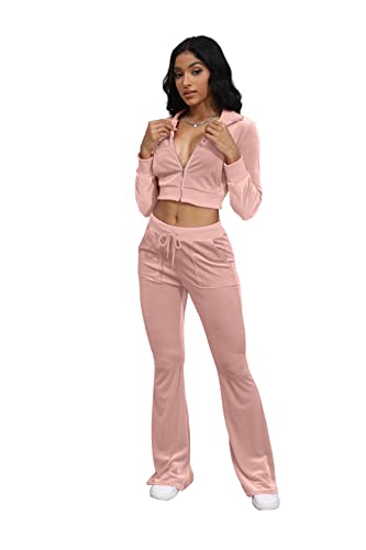 Women's Velour Sweatsuits Outfits Zip Up Crop Top Long Sleeves Flared Long Pant Sets Sexy Velvet Tracksuit Workout 2 Piece Set #TOP2