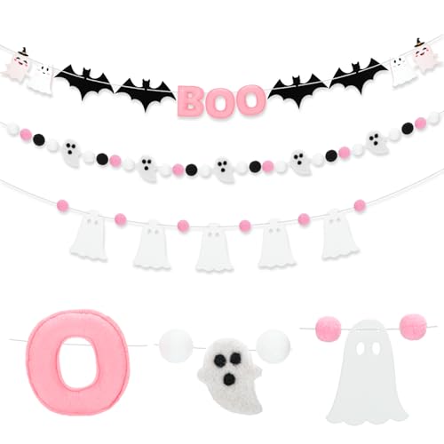 3 Pcs Halloween Felt Banner 9.83 Ft Pink Boo Banner Felt Ball Gho...