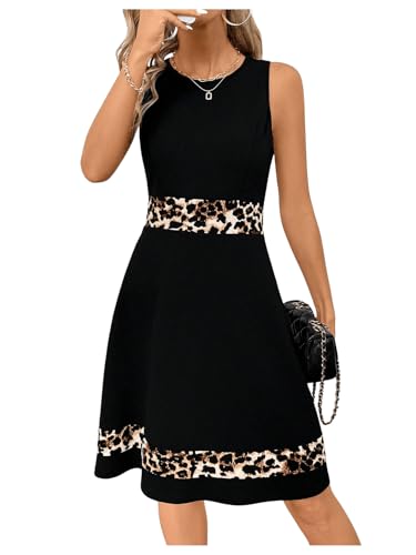 SweatyRocks A Linien Kleid Damen Midi Kleid Mit Leoprint Sommerkleid Elegante Kleider Leo Kleider Tankkleid Sommer Schwarz-Leo M