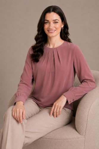 Image of Mirana Women's Full Sleeve Solid Top | Round Neck Pleated Front Regular Fit Office Casual Blouse with Button Cuffs