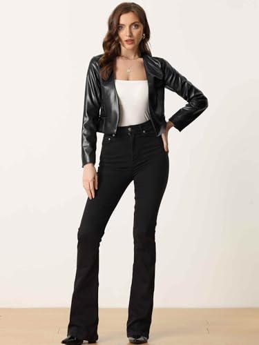 Allegra K Faux Leather Jacket for Women's Collarless Open Front Crop PU Moto Biker Jackets4