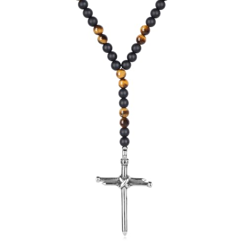 GAVU 6mm Men's Nail Crucifix Cross Pendant Necklace, Matte Black Onyx Tiger Eye Necklace for Men 26"