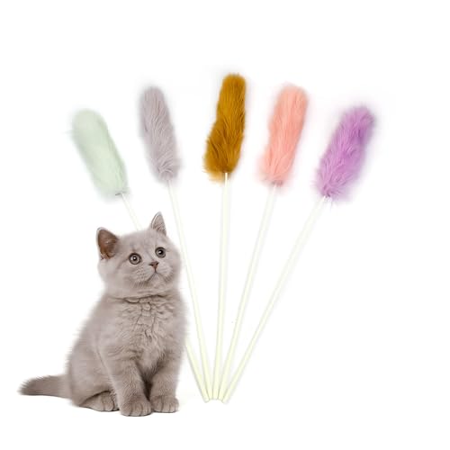 ZAYLUMO Jouets pour Chat en Fourrure de Lapin – Lot de 5 Baguettes Interactives Silencieuses pour Chats d’Intérieur, Jouets à Plumes Naturelles pour Le...