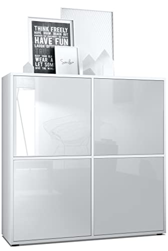 Vladon Highboard Cuba V2 Placard 104 x 105,5 x 35,5 cm Buffet à 8 Compartiments, Caisson en Blanc Mat/façades en Blanc laqué Haute Brillance