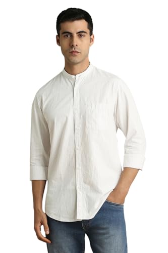 Image of Peter England Men's Casual Mandarin Collar Slim fit Full Sleeve Shirt in 100% Cotton Seersucker with Striped Design