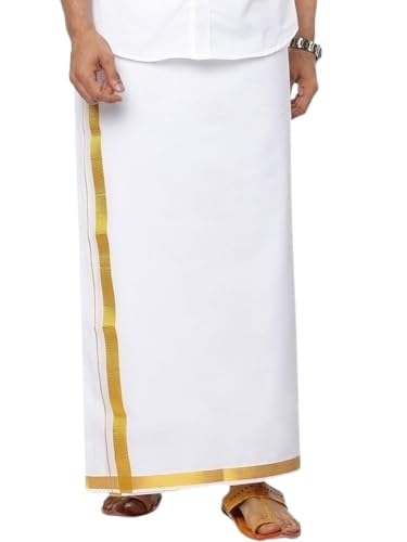 ramraj cotton Men Double Layer Solid White Regular Dhoti with 1 inch Gold Jari Border-picture-22