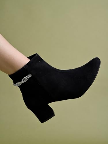 Image of Shoetopia Women's Suede Ankle Boots with Block Heel and Rhinestone Knot Detail||Side Zip Fashion Booties for Fall & Winter
