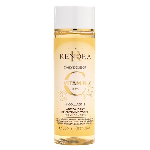 RENORA | Tónico Iluminador Antioxidante con Vitamina C, Colágeno, Ácido Hialurónico, Centella Asiática, Aloe Vera, Cafeína y Probióticos | Cóctel revitalizante | Aclara manchas y cicatrices | 200 ml