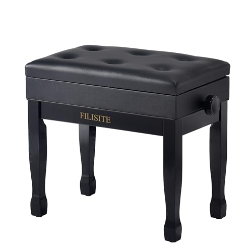 FILISITE Adjustable Height Piano Bench Stool PU Leather Cushion Wooden Keyboard Seat with Music Storage (Black)