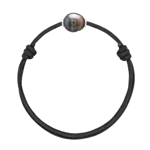 PEARLS & COLORS - Bracelet réglable Véritable Perle de Culture de Tahiti Cerclée 10-11 mm - Qualité A+ - Argent 925 - Bijou Femme Homme