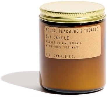 P.F. Candle Co. Teak Wood & Tobacco Classic Standard Scented Soy Wax Candle (7.4 oz) 40-50 Hour Burn Time, Cotton Wick and Amber Glass Jar