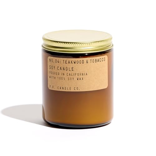 P.F. Candle Co. Teak Wood & Tobacco Classic Standard Scented Soy Wax Candle (7.4 oz) 40-50 Hour Burn Time, Cotton Wick and Amber Glass Jar