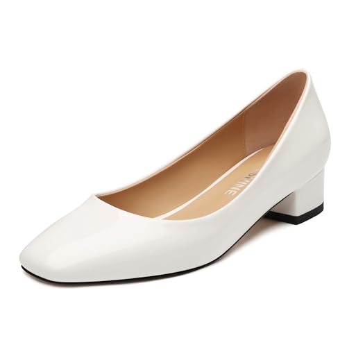 Women's Low Block Heel Pumps Slip On Square Close Toe Chunky Heels Comfortable Office Work Business Casual Professional Patent Dress Shoes 1.2 Inch