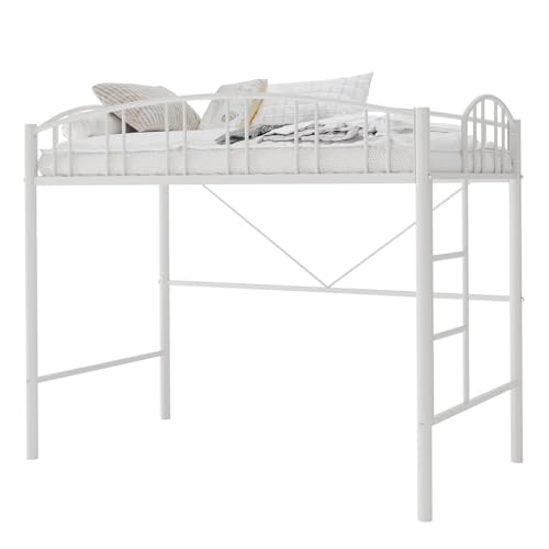 Loft Bed Twin Size with Stairs and Arched Guardrail, Sturdy Metal Slats Support, Space Saving, Noise Free, No Box Spring Needed, Ideal for Kid Room and Dorm, White