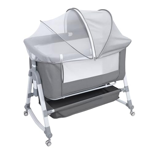 Fenudox Cuna de Colecho 3 en 1 con Mosquitera, Altura Ajustable 6 Niveles (102-112cm), Cuna Portabebés con Ruedas Silenciosas, Cunas Independiente y Mecedor para Recién Nacido, Gris Gris