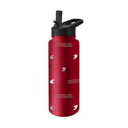 Image of Logo Brands NCAA Washington State Cougars Step & Repeat 34 oz Stainless Steel Quencher Bottle - All Over Logo Design, No-Spill Lid, Easy Carry Handle - Keeps Drinks Cold For Hours