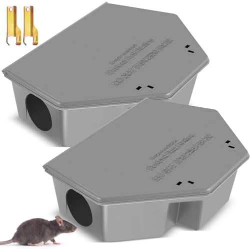 Qualirey 2 estaciones de cebo para ratas con llaves de 13.58 x 8.98 x 3.35 pulgadas, trampas para ratas, mantiene a los niños y mascotas seguros en interiores y exteriores, cebo no incluido (gris)