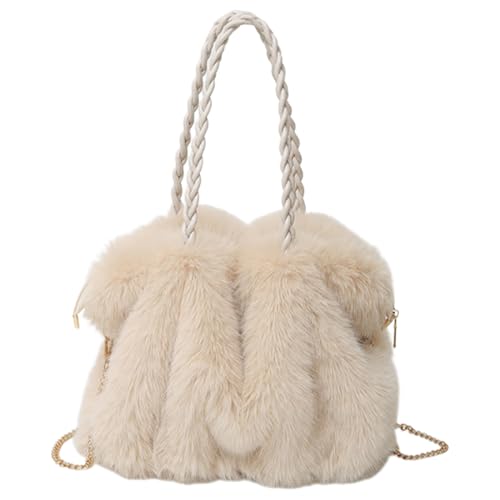 Bolsos Fuzzy para mujer - 33 x 16 x 29 cm, de peluche ajustable, de viaje suave | Diseño con correa desmontable que admite citas, excursiones, trabajo, paseos, compras, Pen, beige,