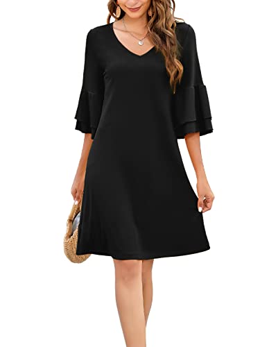 Gracyoga Women's 2023 Summer Dress Sweet Cute V-Neck Ruffle Bell Sleeve Flowy Dress Shift Mini Dresses Black #TOP4