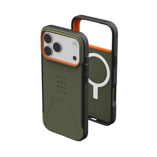 Image of Urban Armor Gear UAG Civilian Magnetic Compatible, Rugged Slim Sleek Shockproof Anti-Slip Military Grade Protective Case /Cover Designed for iPhone 17 Pro Max - Olive /Orange