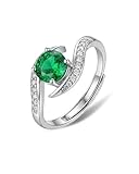 Aliyoham Silver Emerald & Cubic Zirconia Ring for Women - Adjustable Engagement Wedding Eternity Ring with Wavy Band, May Birthstone Jewellery