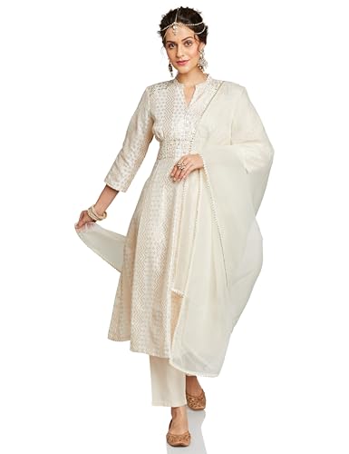 Image of Amazon Brand - Myx Women's Embroidered Anarkali Kurta Set with Organza Dupatta in Chanderi Blend (Available in Plus Sizes)