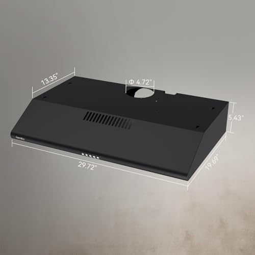 Image of Hermitlux Under Cabinet Range Hood, 30 inch Black Vent Hood With 3 Speed Exhaust Fan, Ducted And Ductless Convertible, LED Bright Light Bulbs and Charcoal Filter