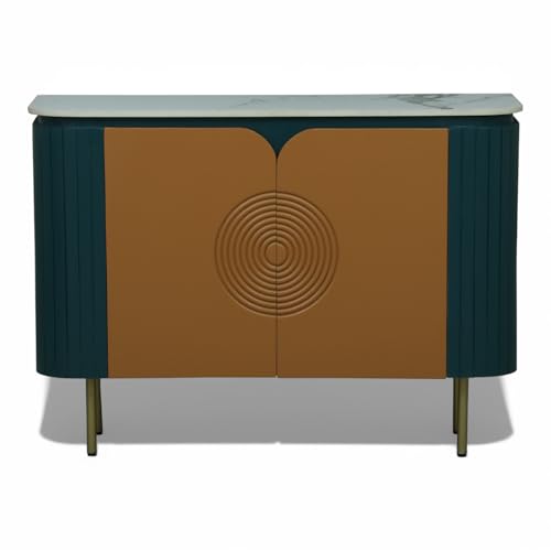 Image of Solid Wood Mandala Sideboard Cabinet with Sintered Stone Top for Living Room | Premium Acrylic Emerald Green and Terracotta Brown Finish | 119.8 x 39.8 x 85 cm