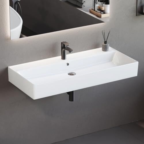 Aqua Bagno lavabo céramique 100 cm blanc – lavabo meuble salle de bain rectangulaire à bord fin, design moderne pour grande salle de bain, montage mural ou sur meuble, surface résistante et durable