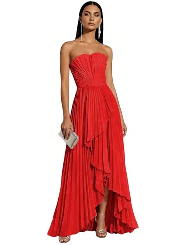Strapless Red Bridesmaid Dresses for Women 2026 Pleated Satin Hi-Lo Formal Wedding Guest Dress US2
