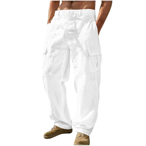 Pantalon en lin homme de coupe large avec poches multipoches en coloris uni