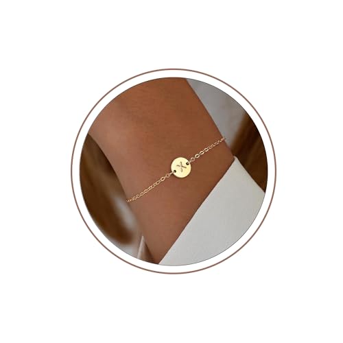 Image of Ursteel Gold Initial Bracelet for Women Trendy - Gifts for Kids Teen Girls, Personalized A-Z Letter Cute Bracelet for Women, Dainty Gold Coin Disc Womens Jewelry Gifts
