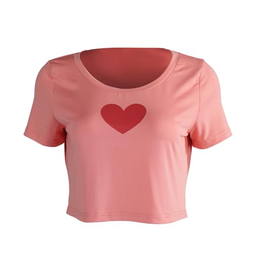 chenggong Women Pink Crop Shirt Short Sleeves Red Hearts Top