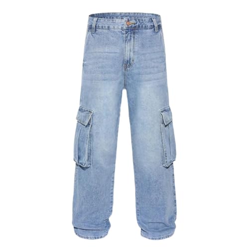 Mens Cargo Jeans Baggy Wide Leg Denim Pants Washed Multi Pocket Vintage Streetwear Style