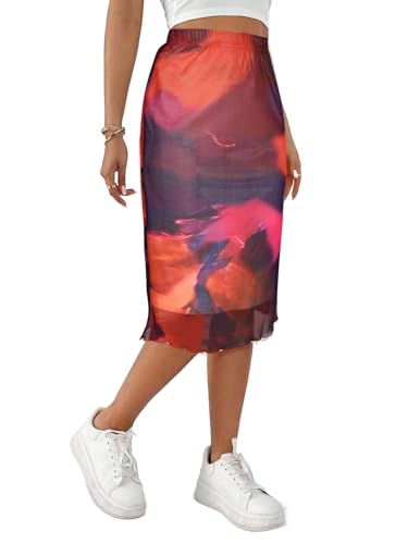 Avanova Women Boho Floral Mesh Midi Skirt Bodycon High Wasited Lettuce Trim Skirt4