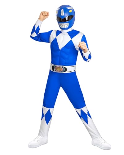 Funidelia Disfarce oficial Power Ranger azul para criança, inclui macacão, cinto e meia máscara, super-heróis - fato infantil para festas, carnaval e Halloween - tamanho 7-9 anos