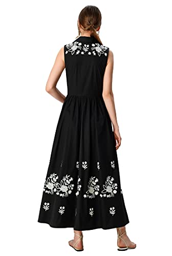 Eshakti Women's Floral Embroidery Cotton Poplin Shirtdress L-12 Black/White #TOP1
