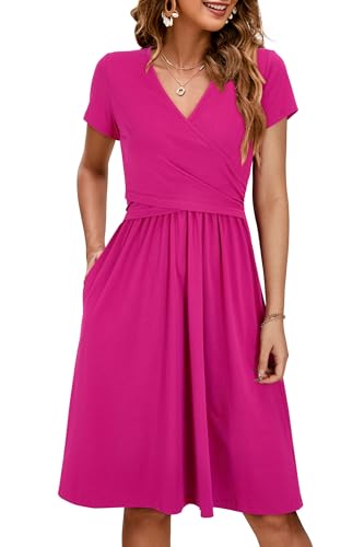 Image of OUGES Maternity Nursing Dress Breastfeeding Short Sleeve V Neck Casual Pregnancy Clothes with Pockets