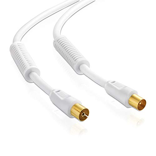 Cable de antena, 15 m, 75 ohmios, 110 dB, apantallamiento cuádruple, conector coaxial, cable de conexión, TV HDTV, radio DVB-T DVB-T2 DAB, 2 núcleos de ferrita, color blanco, 15 metros