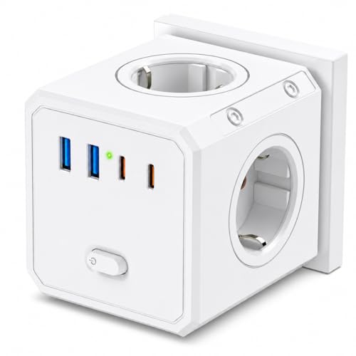 BURNNOVE Multiprise Murale USB C Bloc Multiprise Cube 8 en 1 avec 4 Prises AC 2 USB-A 2 USB-C Interrupteur 16A 4000W Prise Murale sans Câble pour Maison...