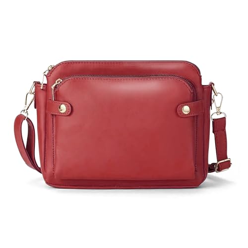 Bolsa de ombro feminina de couro PU com três camadas - bolsa de mão elegante, durável com vários compartimentos para uso diário, Vermelho