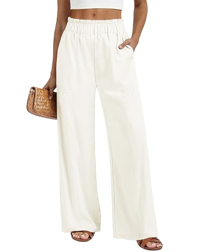 SEMARO Womens Casual Linen Feel Wide Leg Pants High Waist Palazzo Flowy Trousers Beach Vacation Outfits 2026 Off-White