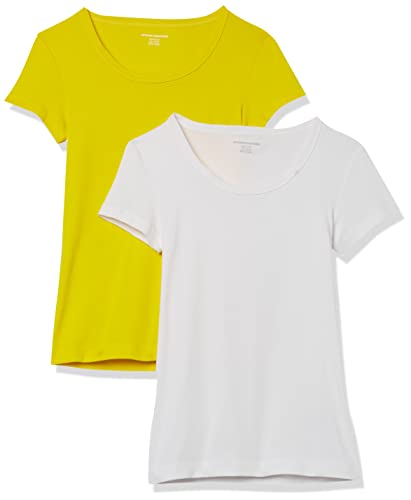 Amazon Essentials Camiseta Entallada con Cuello Redondo y Mangas Casquillo Mujer, Pack de 2, Blanco/Amarillo Limón, S
